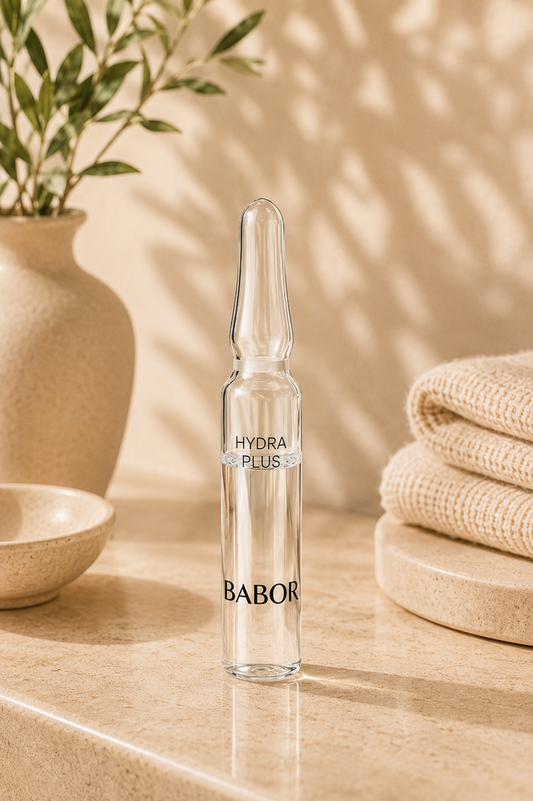 „BABOR Hydra Plus Ampulle auf elegantem beigem Spa-Hintergrund – luxuriöse Feuchtigkeitsampulle zur intensiven Hydration und Unterstützung praller, frischer und strahlender Haut.