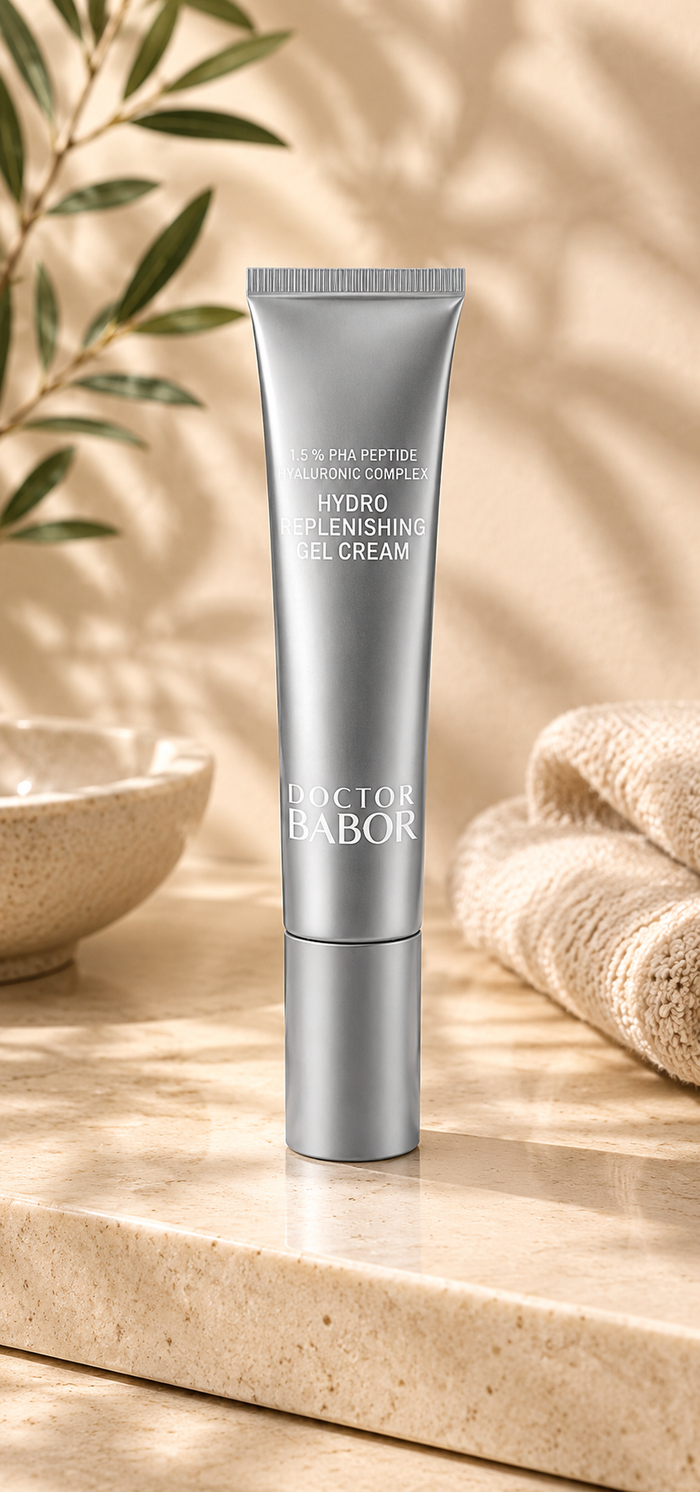 DOCTOR BABOR Hydro Replenishing Gel Cream mit Hyaluronic Complex auf elegantem beigem Spa-Hintergrund – luxuriöse feuchtigkeitsspendende Gel-Creme für pralle, glatte und intensiv hydratisierte Haut.
