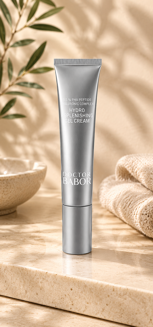 DOCTOR BABOR Hydro Replenishing Gel Cream mit Hyaluronic Complex auf elegantem beigem Spa-Hintergrund – luxuriöse feuchtigkeitsspendende Gel-Creme für pralle, glatte und intensiv hydratisierte Haut.