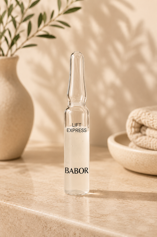 „BABOR Lift Express Ampulle auf elegantem beigem Spa-Hintergrund – luxuriöse Wirkstoffampulle für einen sofort glatteren, strafferen und frischeren Hauteindruck