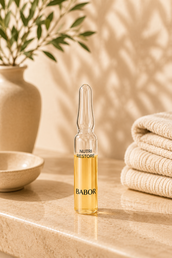 „BABOR Nutri Restore Ampulle auf elegantem beigem Spa-Hintergrund – luxuriöse Wirkstoffampulle zur intensiven Pflege, Regeneration und Unterstützung einer geschmeidigen, strahlenden Haut.