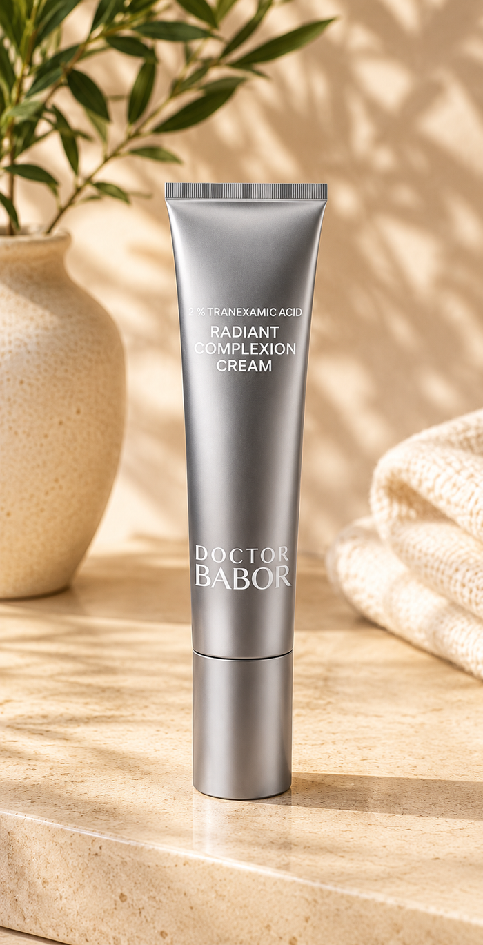 DOCTOR BABOR Radiant Complexion Cream auf elegantem beigem Spa-Hintergrund – luxuriöse Gesichtscreme zur Unterstützung eines ebenmäßigen, strahlenden Hautbildes und sichtbar frischer Haut.