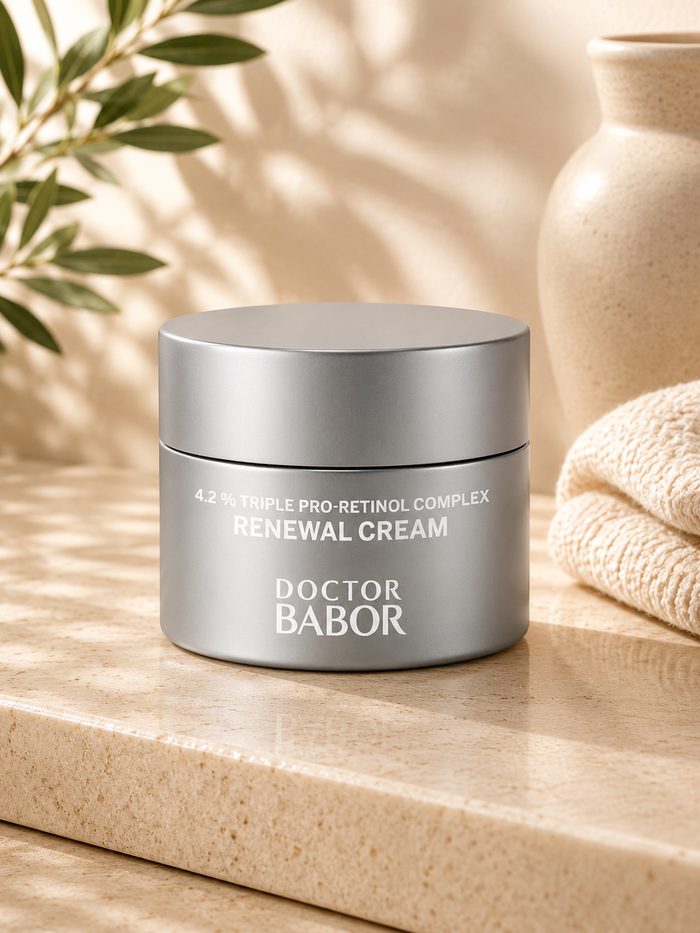 DOCTOR BABOR Renewal Cream mit Triple Pro-Retinol Complex auf elegantem beigem Spa-Hintergrund – luxuriöse Anti-Aging Gesichtscreme zur Unterstützung von Hauterneuerung, glatter Hautstruktur und sichtbar verfeinertem Hautbild.
