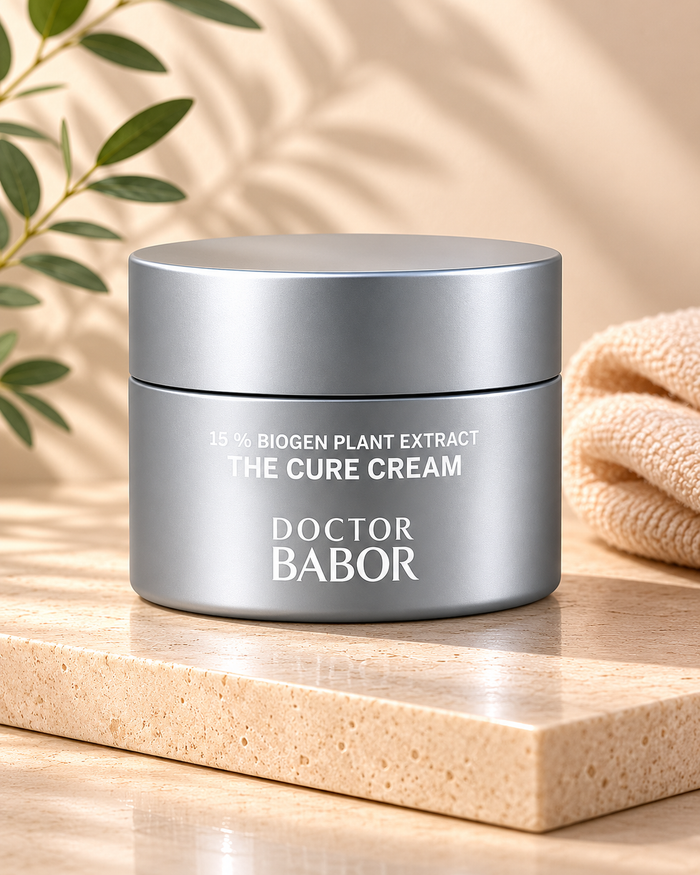 DOCTOR BABOR The Cure Cream mit 15 % Biogen Plant Extract auf elegantem beigem Spa-Hintergrund – luxuriöse regenerierende Anti-Aging Gesichtscreme für gestärkte, glatte und revitalisierte Haut
