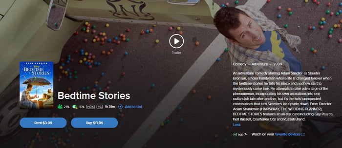 Bedtime Stories HD Digital Code (2008) (Redeems in Movies Anywhere; HDX Vudu Fandango at Home & HD iTunes Apple TV Transfer From Movies Anywhere)