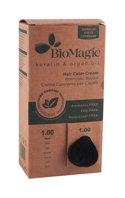 BioMagic Organic Hair Color Cream with Keratin & Argan Oil Black 1.00, 1 Pack - Makkah Pharmacy