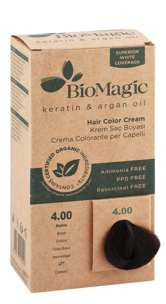 BioMagic Organic Hair Color Cream with Keratin & Argan Oil Brown 4.00 , 1 Pack - Makkah Pharmacy