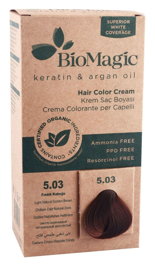 BioMagic Organic Hair Color Cream with Keratin & Argan Oil Light Natural Golden Brown 5.03, 1 Pack - Makkah Pharmacy