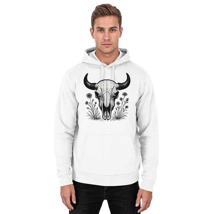 Arvenzo Bison Skull hoodie in Arctic White, front view, unisex design with bold bison skull graphic on soft hoodie fabric.