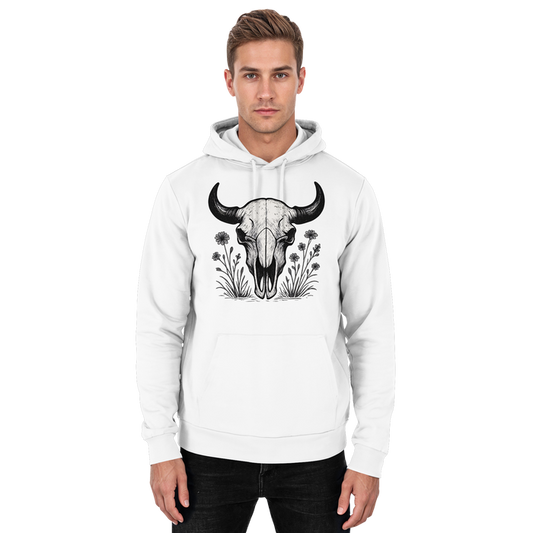 Arvenzo Bison Skull hoodie in Arctic White, front view, unisex design with bold bison skull graphic on soft hoodie fabric.