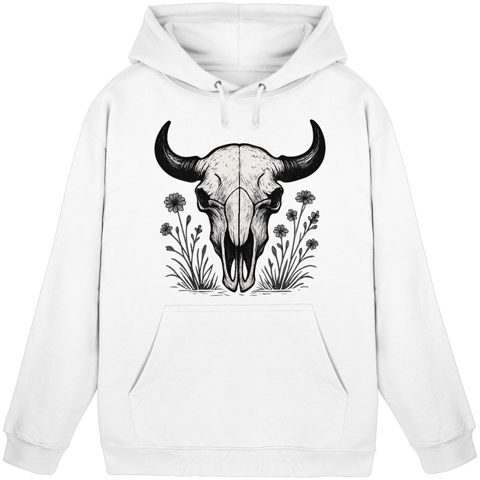 Unisex Arctic White Bison Skull Hoodie by Arvenzo, front view showing the bold bison skull graphic on the hoodie.