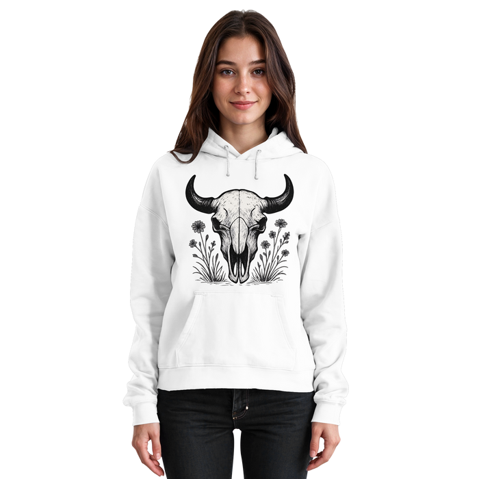 Arvenzo Bison Skull Hoodie in Arctic White, front view, unisex casual hoodie with bold bison skull graphic on the front.