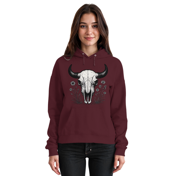 Unisex burgundy hoodie with bison skull graphic on front, Arvenzo brand, casual streetwear style.