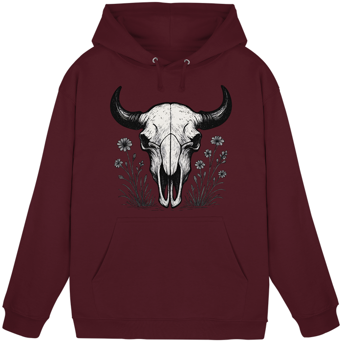 Unisex burgundy Bison Skull Hoodie by Arvenzo featuring a front design, casual fit, and soft fabric for everyday wear.
