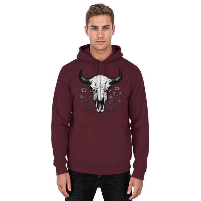 Unisex burgundy hoodie with a bison skull graphic on the front, made by Arvenzo, casual and comfortable apparel.