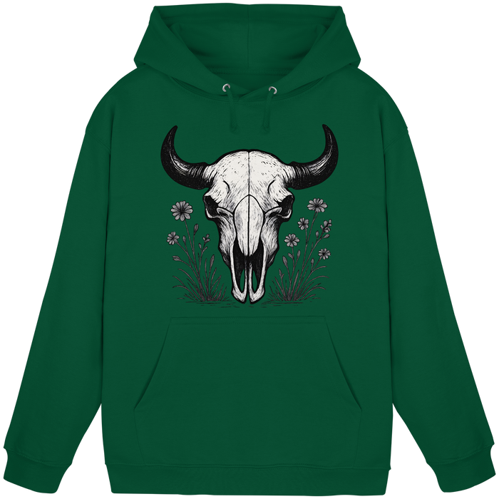 Unisex bottle green hoodie by Arvenzo featuring a front Bison Skull graphic design.