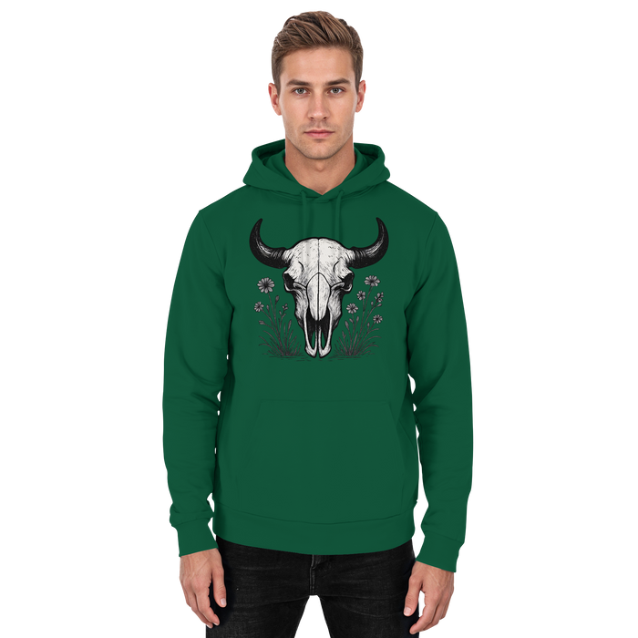 Unisex bottle green hoodie by Arvenzo featuring a bison skull graphic on the front.