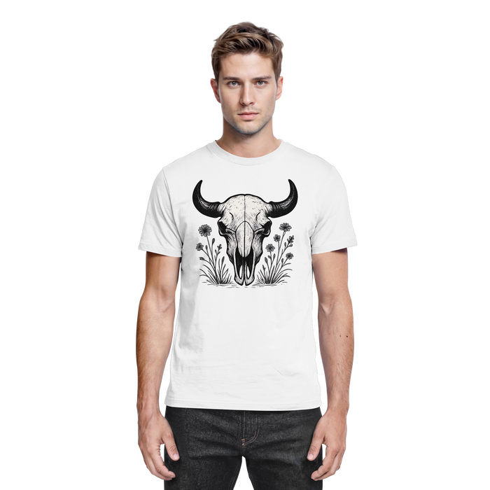 White unisex Bison Skull shirt by Arvenzo, featuring a front view of the premium shirt with a bold bison skull graphic.