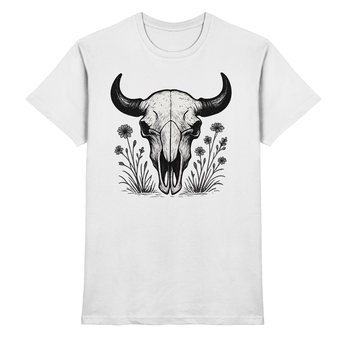White unisex Bison Skull Shirt by Arvenzo, featuring a front graphic design on a premium fabric shirt.