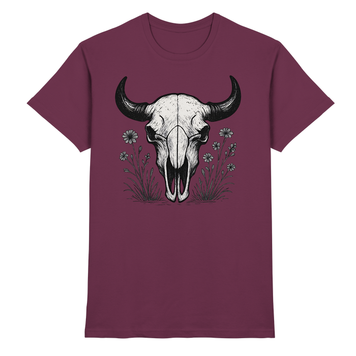 Unisex Burgundy Bison Skull Shirt by Arvenzo, front view showcasing the detailed bison skull graphic on a premium fabric.