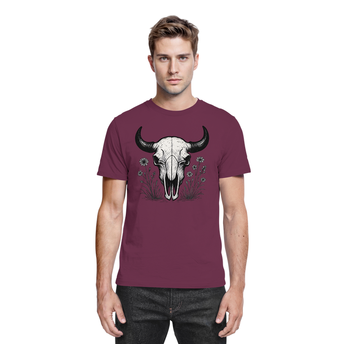 Unisex Burgundy Bison Skull Shirt by Arvenzo featuring a front print design on a premium fabric.