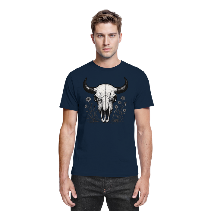 Front view of navy unisex Bison Skull shirt by Arvenzo, showcasing detailed bison skull graphic on a premium fabric shirt.