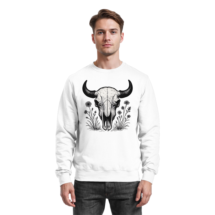 Arvenzo Bison Skull sweatshirt in Arctic White, front view showcasing the printed bison skull design on a cozy sweatshirt.