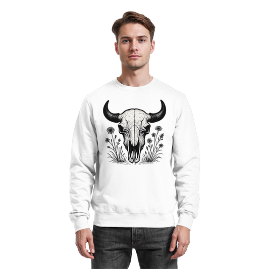 Arvenzo Bison Skull sweatshirt in Arctic White, front view showcasing the printed bison skull design on a cozy sweatshirt.