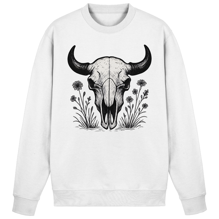 Arvenzo Bison Skull sweatshirt in Arctic White, front view showing the graphic design on a comfortable sweatshirt.