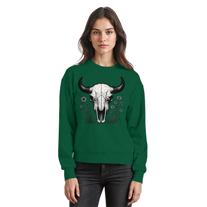 Bottle green Arvenzo Bison Skull sweatshirt with a front design, casual fit, and ribbed cuffs and hem.