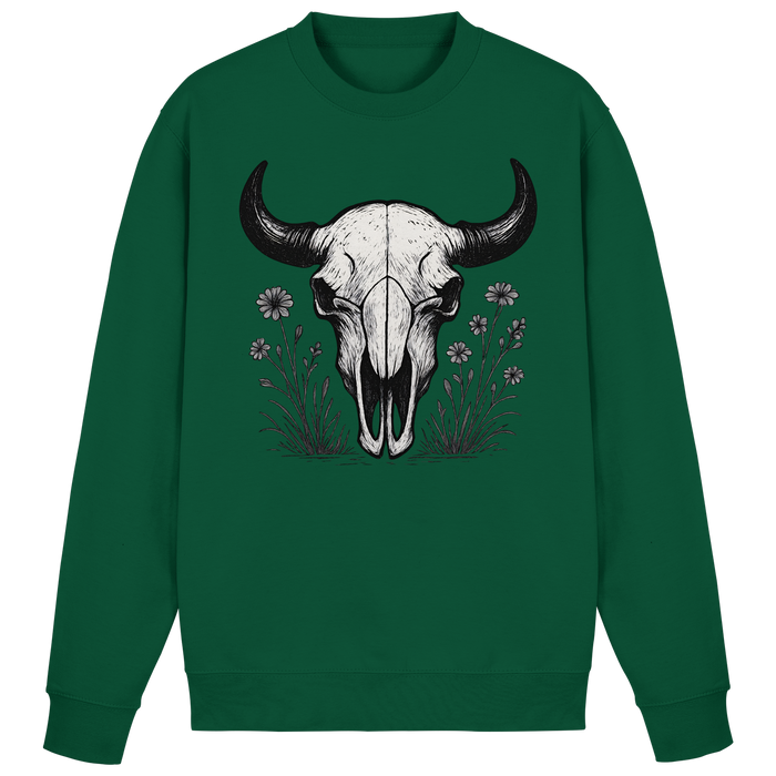 Bottle green Arvenzo Bison Skull sweatshirt showing a front view with a bold bison skull graphic on the chest.