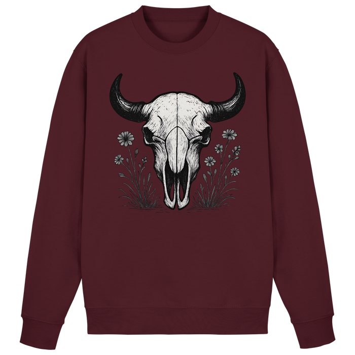 Burgundy Arvenzo Bison Skull sweatshirt showing front view with a bold bison skull graphic on the chest.