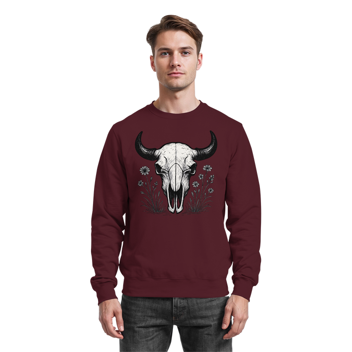 Burgundy Arvenzo Bison Skull Sweatshirt with front graphic, casual fit, and soft fabric for comfortable everyday wear.
