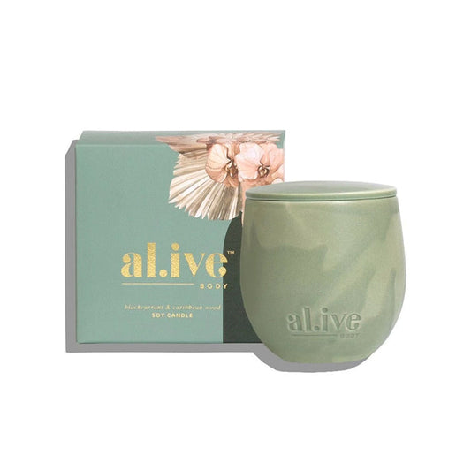 al.ive body Blackcurrant & Caribbean Wood Soy Candle Nudie Glow Australia