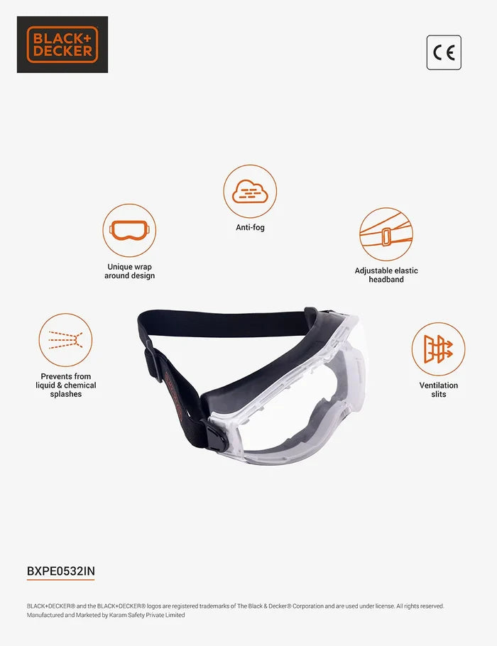 BLACK+DECKER® BXPE0532IN Chemical Splash Safety Goggles Maximum Eye Protection, Trusted Performance