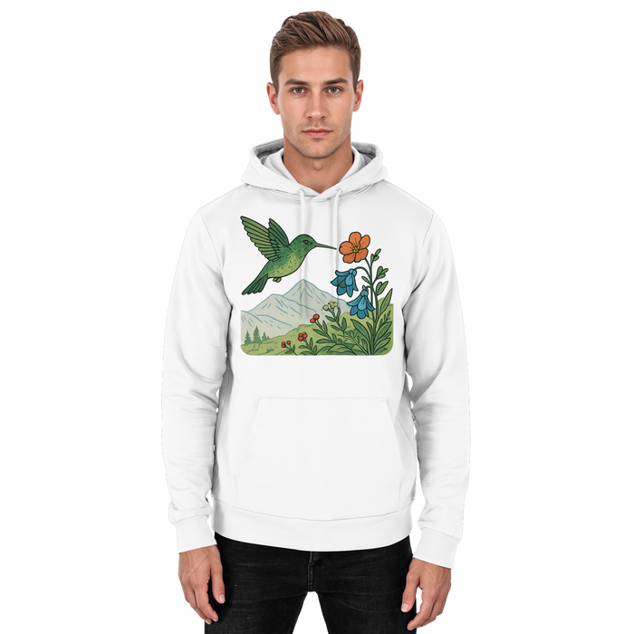Arvenzo Bloom Wing Hoodie in Arctic White, front view showing unisex design and simple hoodie style.