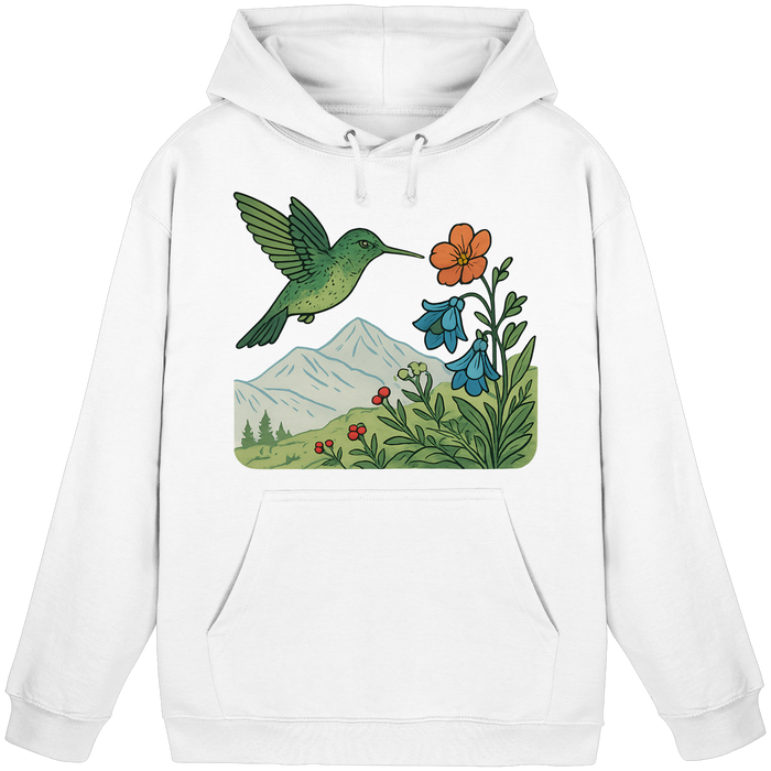 Arvenzo Bloom Wing hoodie in Arctic White, front view showing unisex hoodie with a floral wing design on the chest.