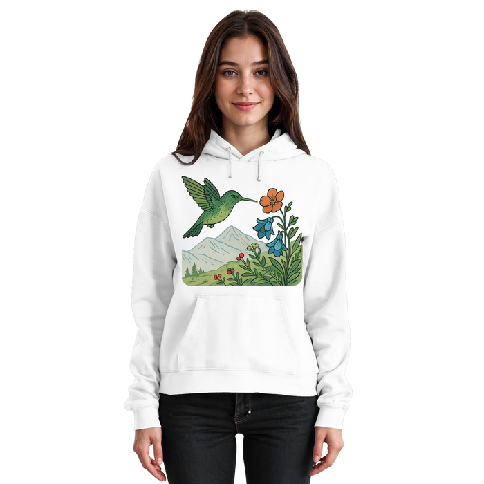 Arvenzo Bloom Wing hoodie in Arctic White, front view showcasing unisex hoodie with a simple design and comfortable fit.