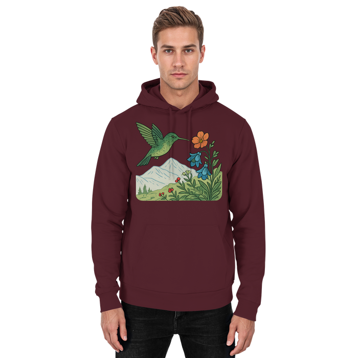Front view of burgundy Arvenzo Bloom Wing hoodie, unisex casual hoodie with a simple design and comfortable fit.