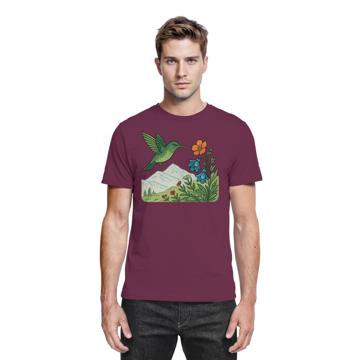 Front view of a Burgundy Arvenzo Bloom Wing unisex shirt with a stylish floral wing graphic.
