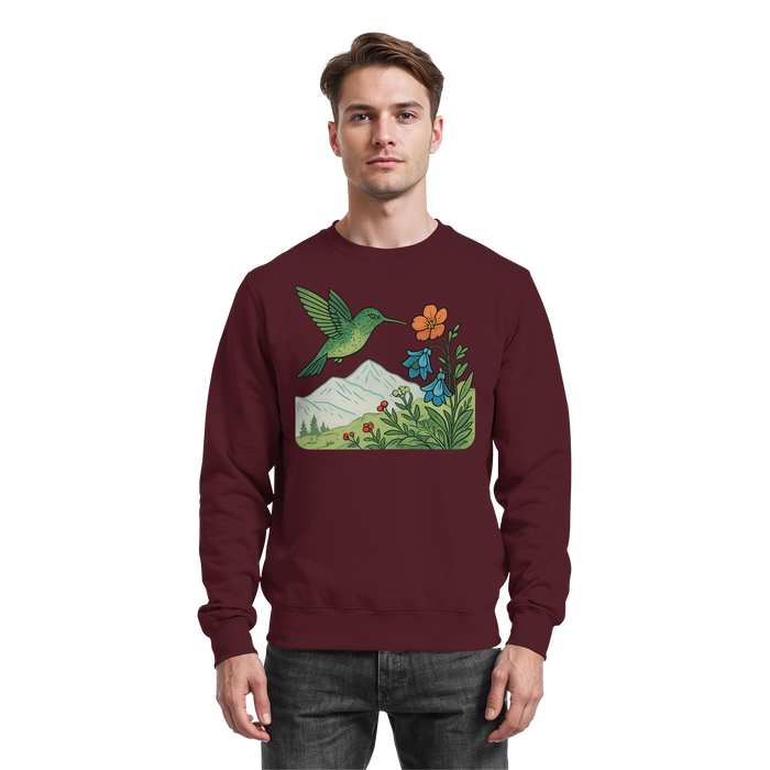 Arvenzo Bloom Wing Sweatshirt in burgundy, front view showing cozy sweatshirt with a graphic wing design and ribbed cuffs.