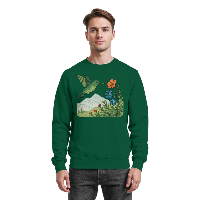 Arvenzo Bloom Wing sweatshirt in bottle green, front view showing a casual crewneck sweatshirt with a floral wing design.