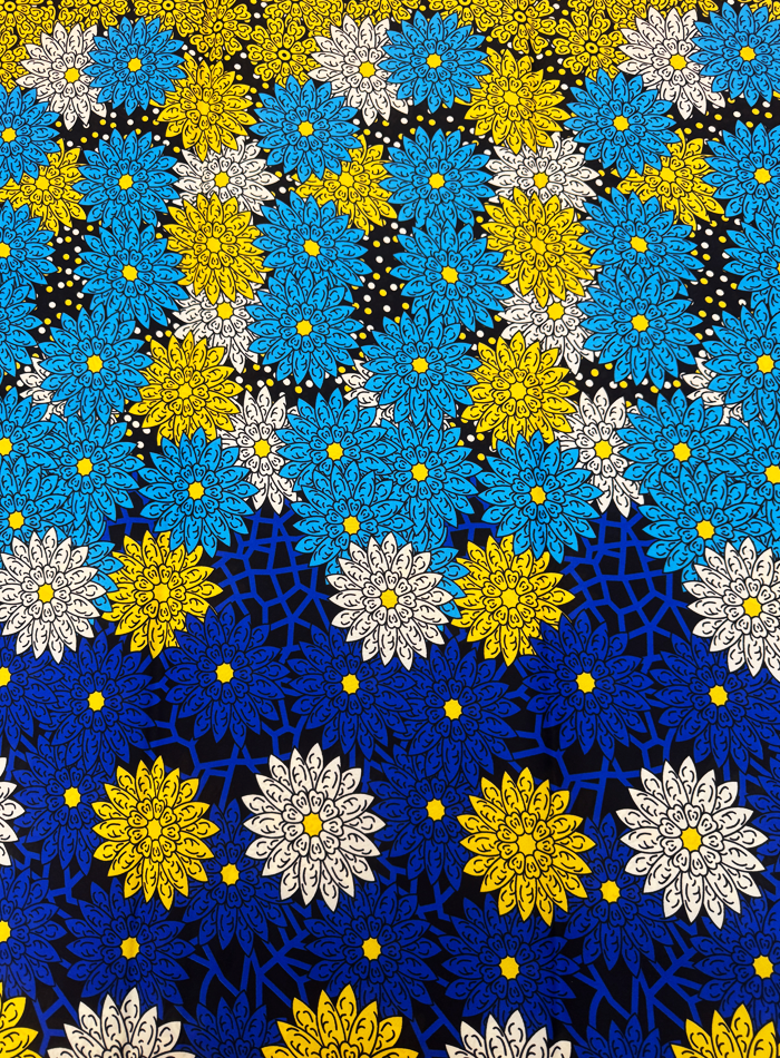 African Pattern of blue, yellow, and white flowers on a blue background