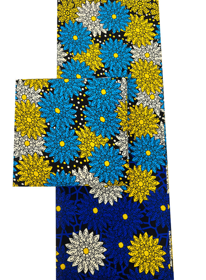 African Floral patterned fabric with blue, yellow, and white flowers on a black background.
