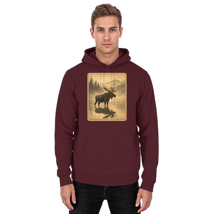Front view of a burgundy unisex Calm Shore hoodie by Arvenzo, featuring a casual fit and soft fabric.