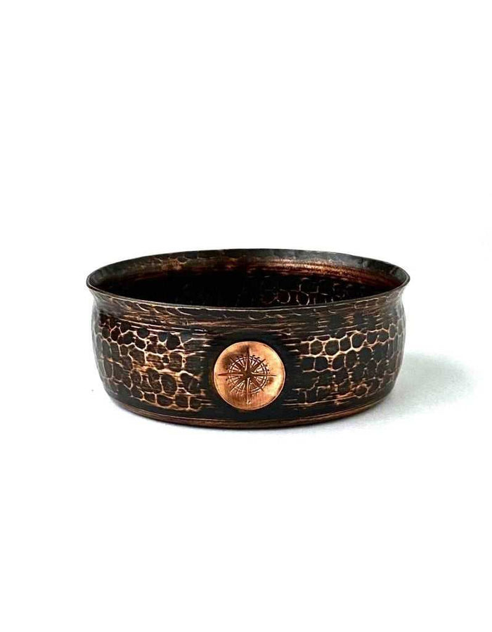 Obsidian copper shave bowl with textured interior and copper emblem