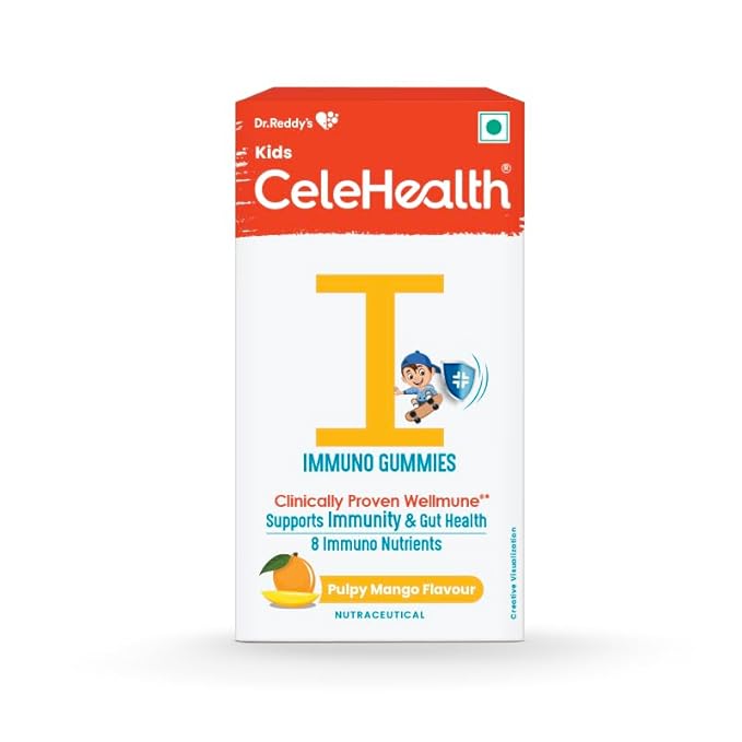 Celehealth Kidz Immuno Plus - 30 Gummies | Pulpy Mango with Wellmune Vitamin C & Zinc to support body's defence and immunity (Pack of 1)
