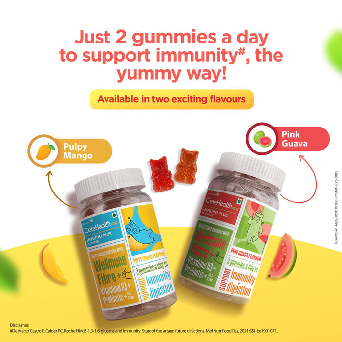 Celehealth Kidz Immuno Plus - 30 Gummies | Pulpy Mango with Wellmune Vitamin C & Zinc to support body's defence and immunity (Pack of 1)