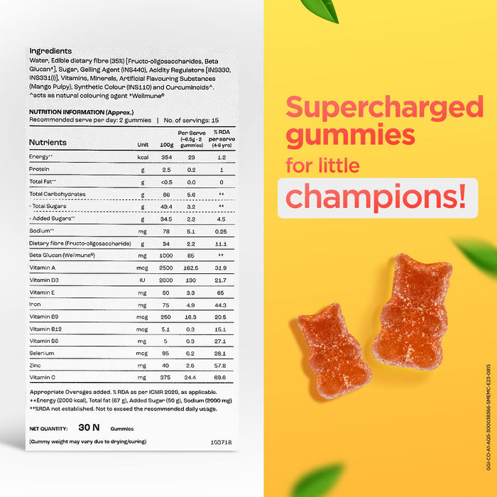 Celehealth Kidz Immuno Plus - 30 Gummies | Pulpy Mango with Wellmune Vitamin C & Zinc to support body's defence and immunity (Pack of 1)