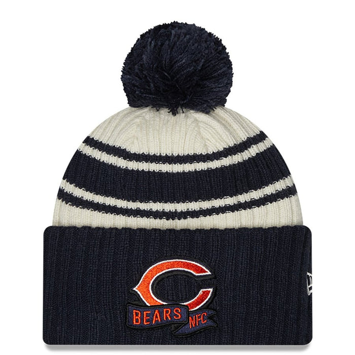 Chicago Bears New Era Cream/Navy 2022 Sideline Sport Cuffed Pom Knit Hat
